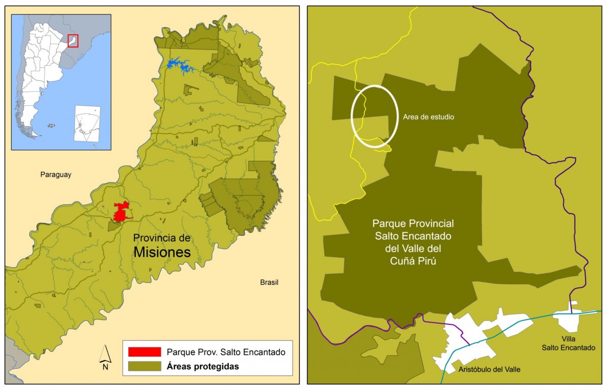 Ubicación geográfica del Parque Provincial Salto Encantado del Valle del Cuñá Pirú y del área donde se llevó a cabo el estudio.